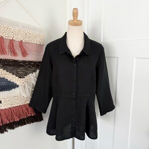 FLAX Black Linen Peplum Top Button Front 3/4 Sleeve Sz S